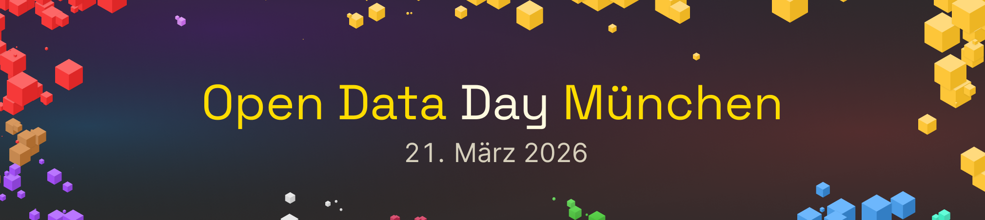 Textbanner mit dem Schriftzug 'Open Data Day München 21. März 2026' auf dunklem Hintergrund mit bunten, würfelförmigen Pixelmustern oben und unten.